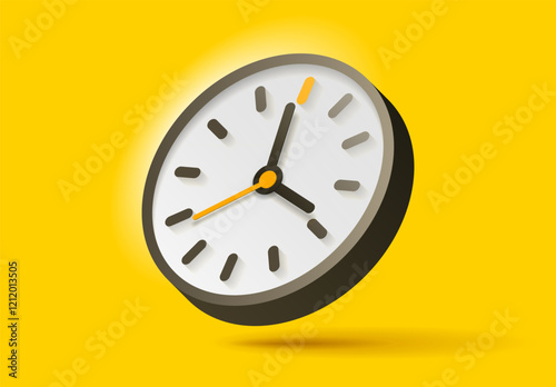 Clock icon in 3d flat style. Time on yellow background. Business watch. Vector design element for you project