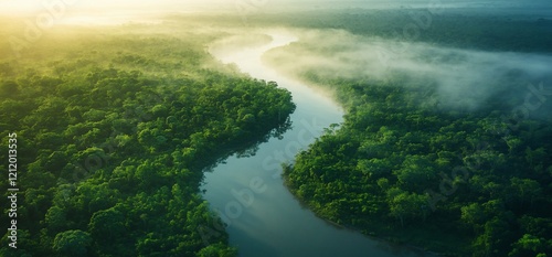 Wallpaper Mural Aerial view of river flowing through lush rainforest at sunrise Torontodigital.ca