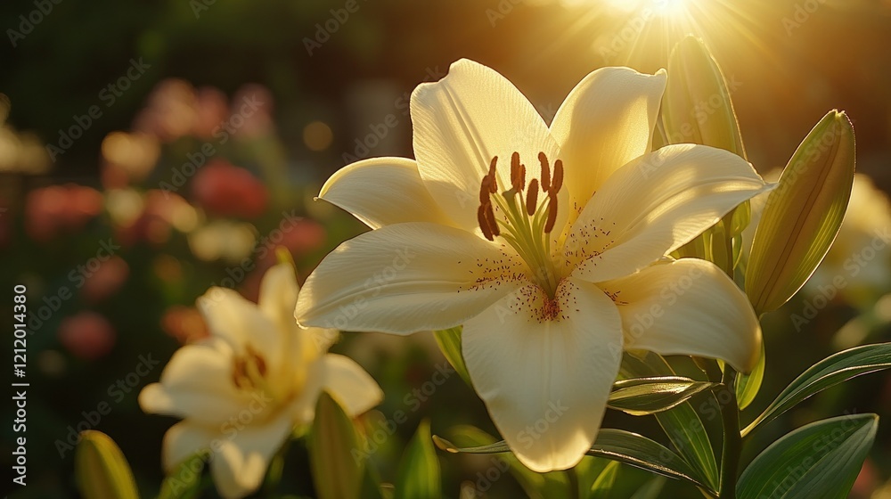 Obraz premium Golden Hour Lily Bloom: A Serene Garden Sunset