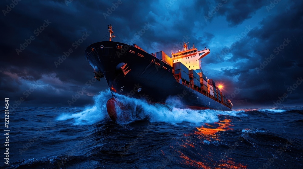 Fototapeta premium Cargo ship navigating stormy seas ocean maritime photography dramatic environment low angle power and resilience