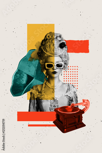 3D collage trend artwork sketch poster of historical portrait baroque french court young woman portrait rest occasion weekend gramophone