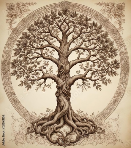 Intricate hand-drawn sketch of a tree of life with ornate decorations and flowing lines, design, ornate, hand-drawn, lines