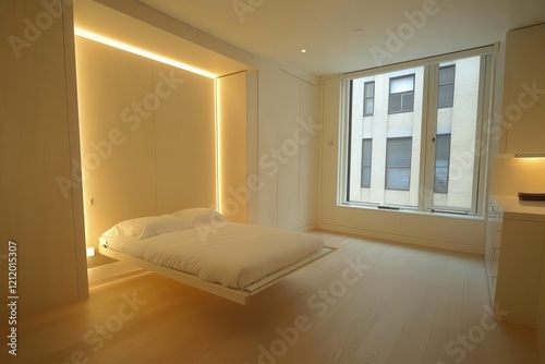 Modern Minimalist Studio Apartment Featuring a Murphy Bed with Clean Surfaces  Warm Lighting  and Off-White Walls for a Serene Living Space