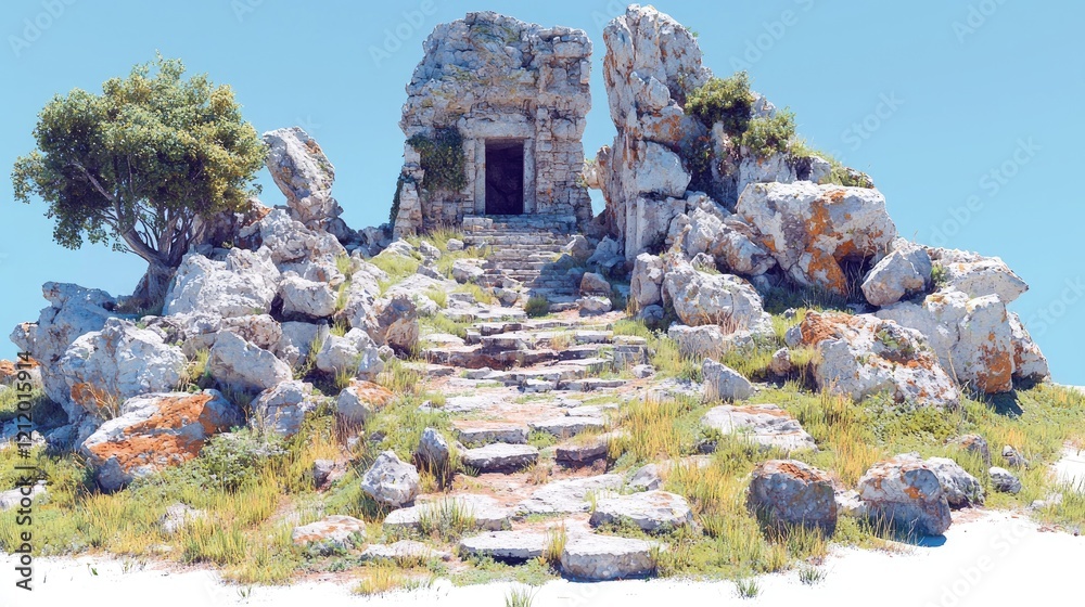 Naklejka premium Ancient stone ruin steps, island hillside, clear sky; game design