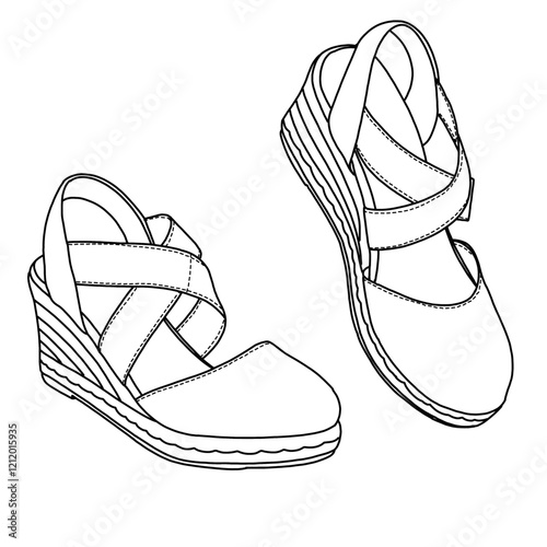 Women's Espadrille Wedge Sandal  with Memory Foam Closed Toe line art, Technical sketch hand drawing outline vector doodle side 3D isometric view isolated on white background for coloring page