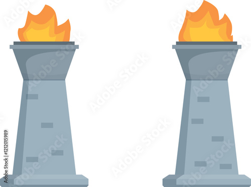 Two eternal flames burning brightly atop stone pedestals, symbolizing remembrance and honor