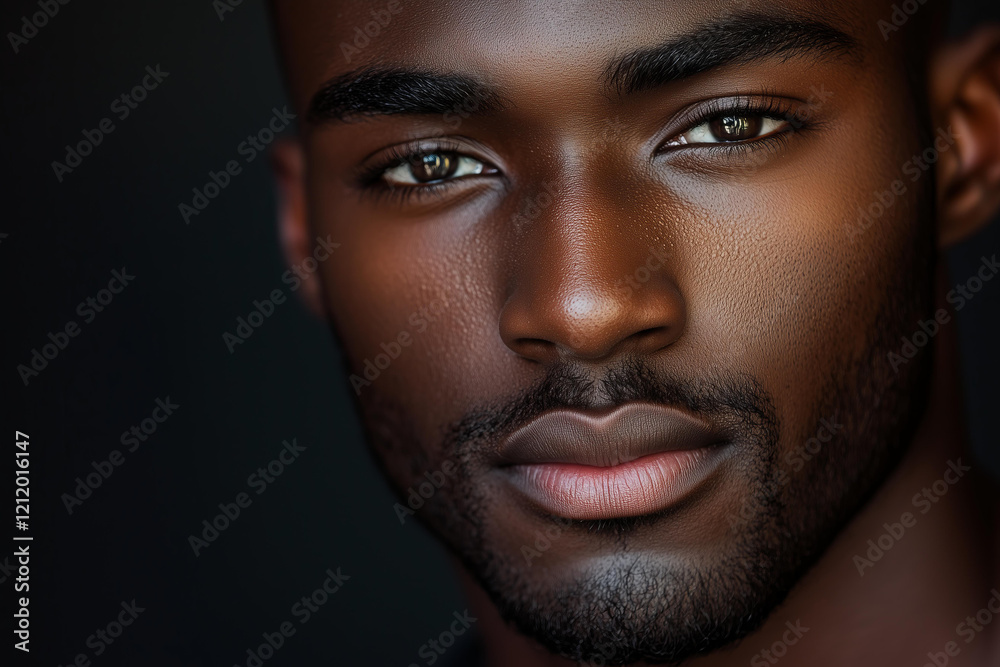 Obraz premium a close-up portrait of a young man with smooth dark skin, symmetrical facial features, and a focused gaze, soft natural light emphasizing texture and depth, concept of strength, confidence 