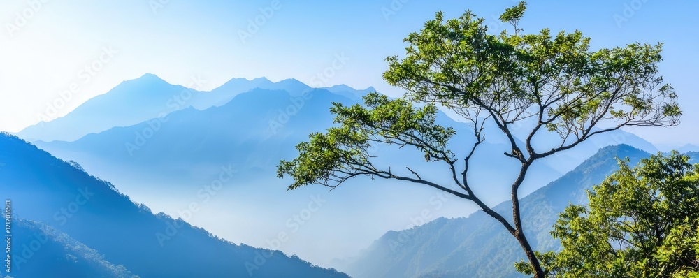 Layers of mountain shrouded in haze, stark PM 2.5 environmental imagery Layers of mountain shrouded in haze, stark PM 2.5 environmental imagery