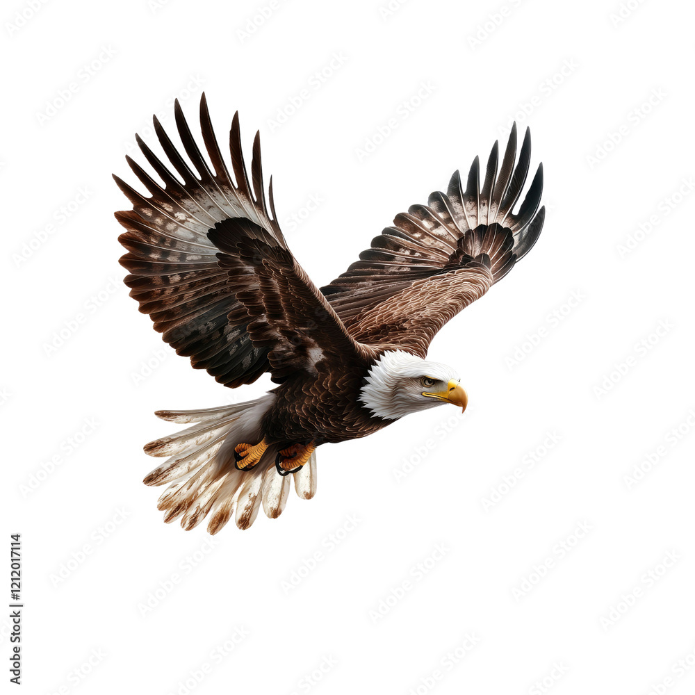 Obraz premium Majestic Bald Eagle in Flight Against a White Background