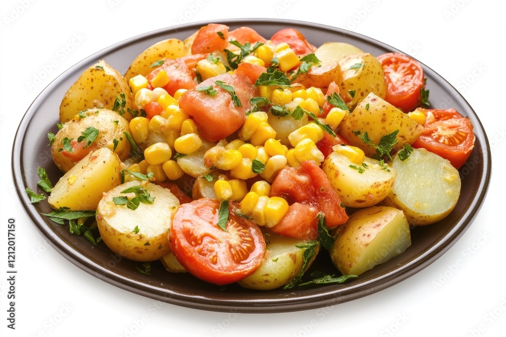 A colorful plate filled with roasted potatoes, grilled corn, and fresh tomatoes