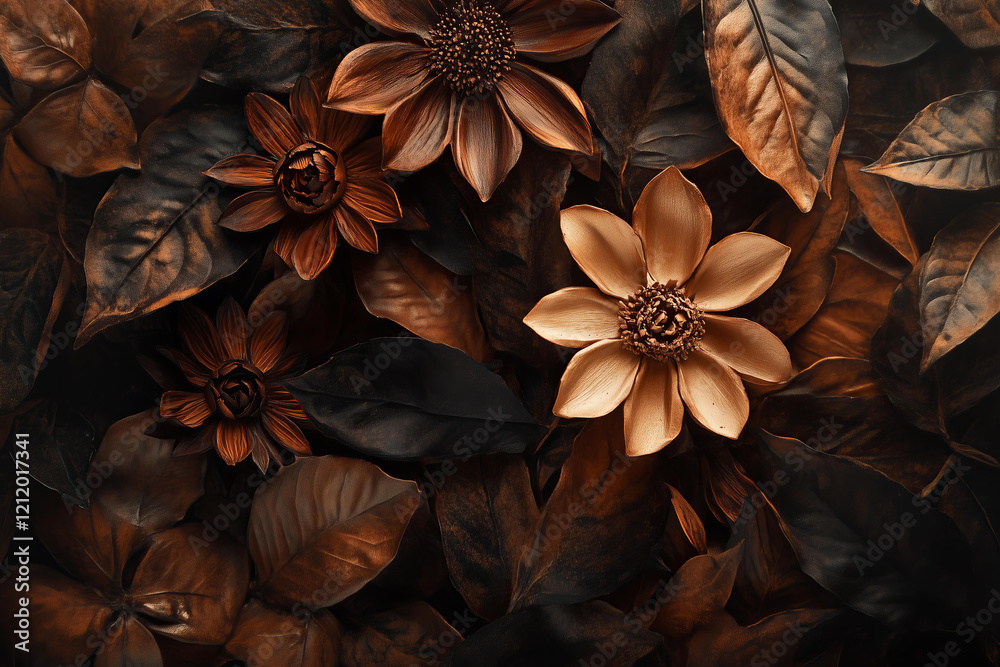 Fototapeta premium a composition of decorative flowers and leaves in rich brown and gold tones, featuring intricate textures and metallic finishes, concept of autumn elegance, floral design, seasonal decoration, natural