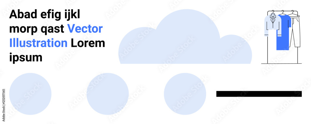 Cloud shape dominates center, abstract text on the left, clothes rack with hanging garments on the right. Ideal for design, fashion, e-commerce, branding, cloud services, abstract art marketing Cloud shape dominates center, abstract text on the left, clothes rack with hanging garments on the right. Ideal for design, fashion, e-commerce, branding, cloud services, abstract art marketing