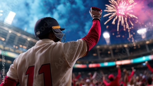 Celebration of victory in baseball stadium sports event evening close-up team spirit and fireworks