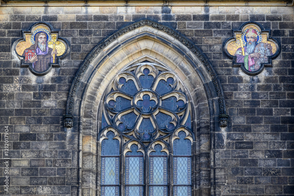 Obraz premium Facade of Basilica of St. Peter and St. Paul, neo-Gothic church in Vysehrad fortress in Prague, Czech Republic