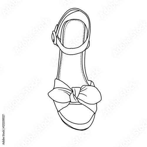 Women's Espadrilles Wedges Bow Platform Sandals Open Toe Ankle Strap line art, Technical sketch hand drawing outline vector doodle top view isolated on white background for coloring page