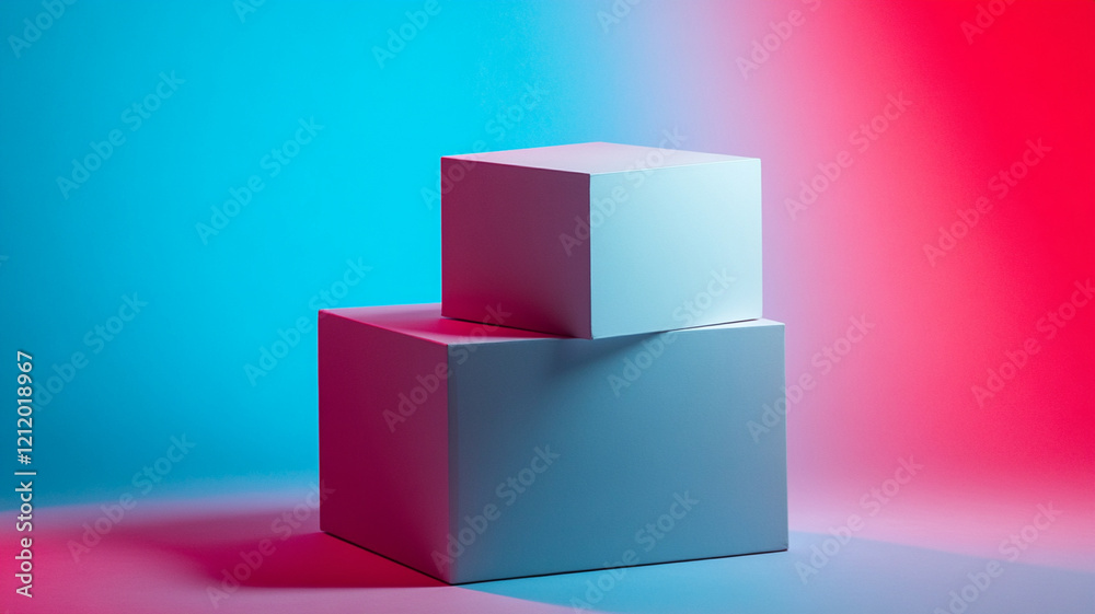 Two white geometric cube shapes on simple gradient background of blue and red colors for modern minimal design Two white geometric cube shapes on simple gradient background of blue and red colors for modern minimal design