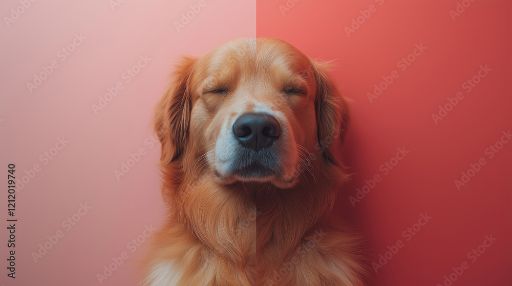 Fototapeta premium Golden retriever with symmetrical face against pink and red background