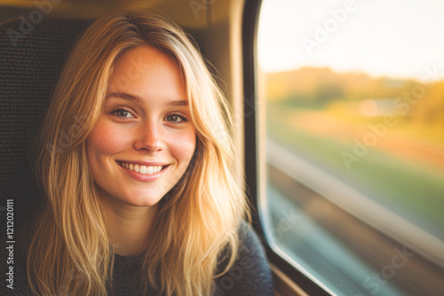 Free Download A woman with blonde hair is smiling at the camera while sitting in a train - GFXLoad
