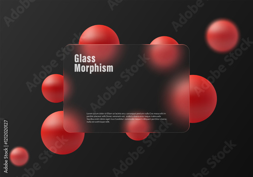 Glass morphism website landing page template. Gradient background graphite color with glass partition and floating red spheres.