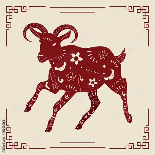 Chinese traditional New Year backgrounds with red goat with flowers Chinese ornaments and vintage red oriental Chinese border frames. Vector New Year banners, posters, newsletters.