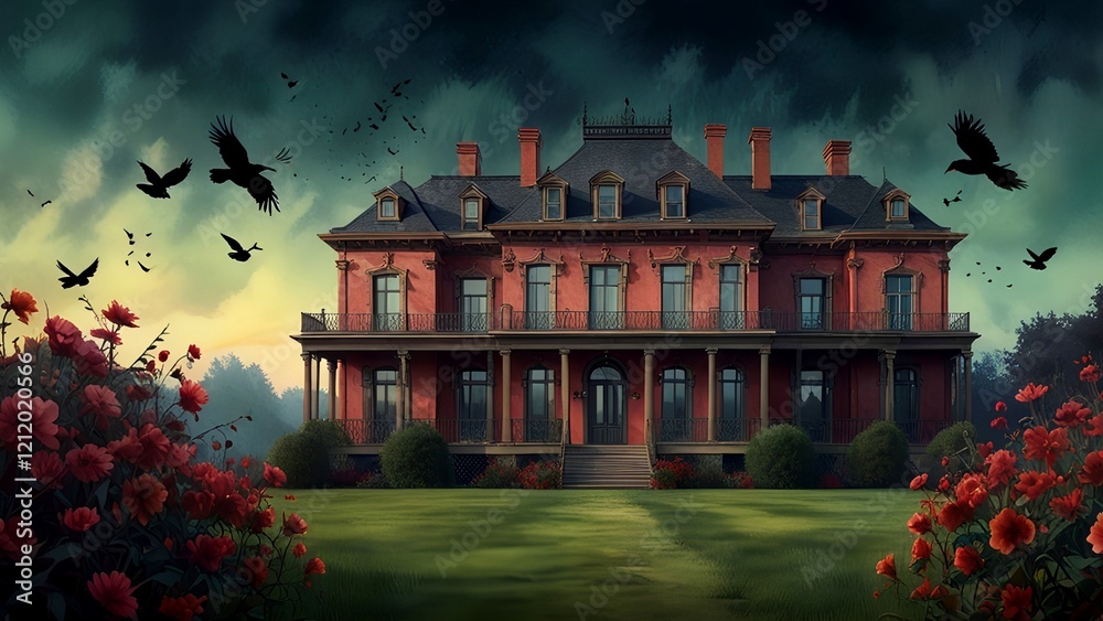 Fototapeta premium Crimson Manor Under a Stormy Sky