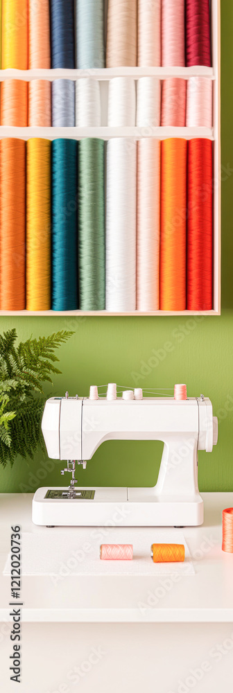 A sewing machine sits on a table next to a wall of colorful spools of thread A sewing machine sits on a table next to a wall of colorful spools of thread