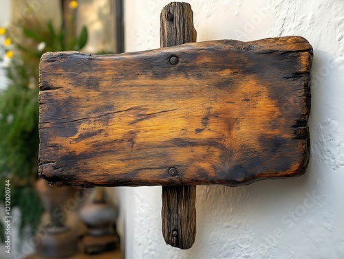 Rustic wooden sign on white wall. photo