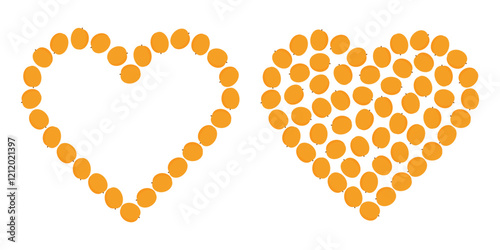 Heart shape ripe apricots Contour and fill. Summertime fruits colorful design element idea. Template