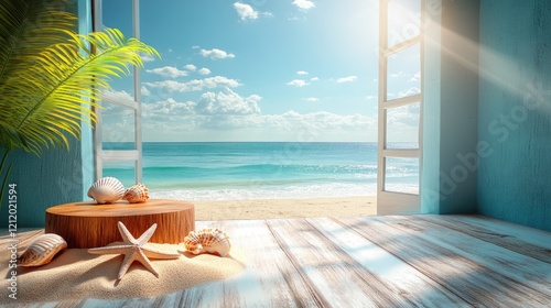 Sunlit beach view through open window with seashells on wooden floor