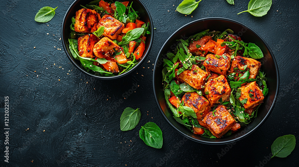 Two bowls of grilled tofu salad with roasted vegetables and spinach. Two bowls of grilled tofu salad with roasted vegetables and spinach.