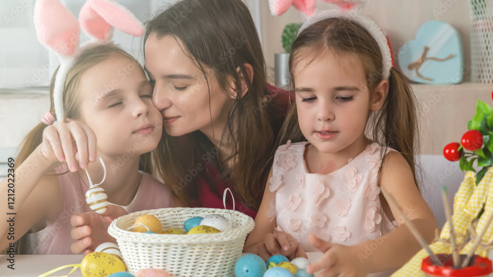 Mother and her daughters painting eggs. The family celebrates Easter. Cute little girls wear bunny ears. Mother and her daughters painting eggs. The family celebrates Easter. Cute little girls wear bunny ears.