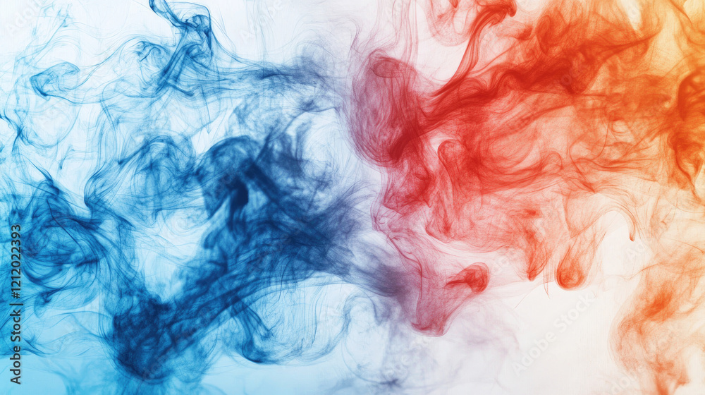 Fototapeta premium A wide shot of swirling colorful fog with sharp contrasts between fiery reds and calming blues, evoking a dramatic abstract mood 