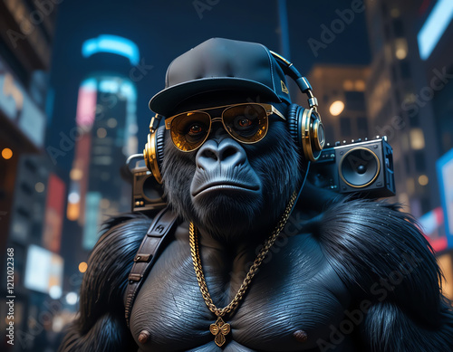 Gorilla DJ in a Night City Setting photo