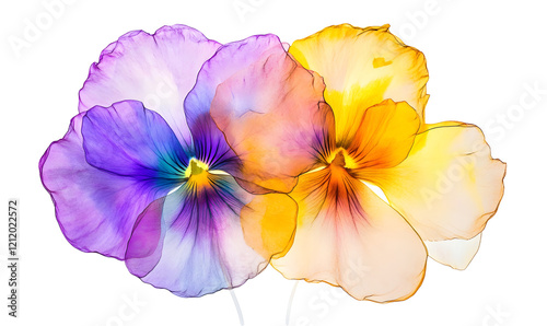 Vibrant pansies blooming, closeup, dark background, design