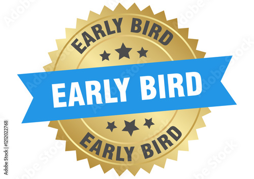 early bird. early bird round blue and gold label isolated on transparent background
