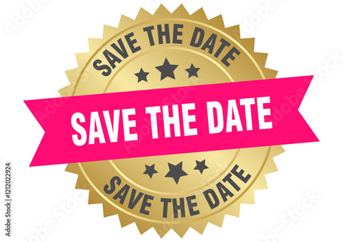 save the date. save the date round pink and gold label isolated on transparent background