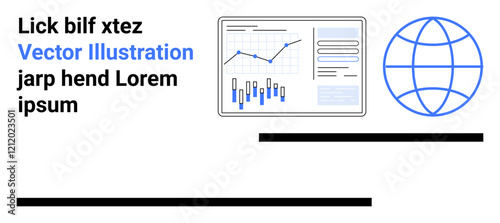 Bar graphs, line charts within a rectangular frame, blue globe icon, black text blocks. Ideal for business presentations, data analysis, global market insights, informative articles, SEO