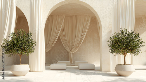 Serene courtyard with olive trees, draped curtains, and minimalist seating.