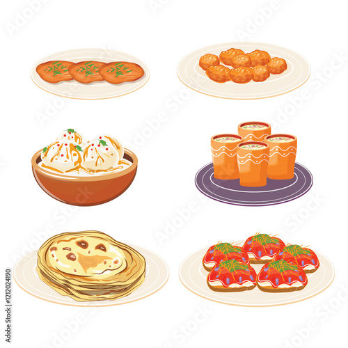 Traditional Indian festive food collection, featuring malpua, sev puri, thandai, and other cultural treats