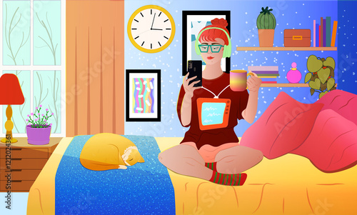 The picture shows a girl with glasses sitting on a bed in her room. She looks at the phone screen and drinks from a cup. A red-haired cat is sleeping next to her on the bed.