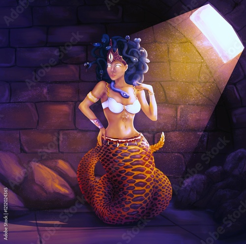 The picture shows the image of a fantastic character, a woman who has a snake's tail instead of legs and snakes instead of hair.