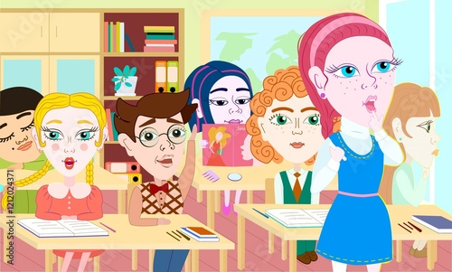Vector cartoon illustration of a classroom, children sitting at their desks, a girl writing with chalk at the blackboard