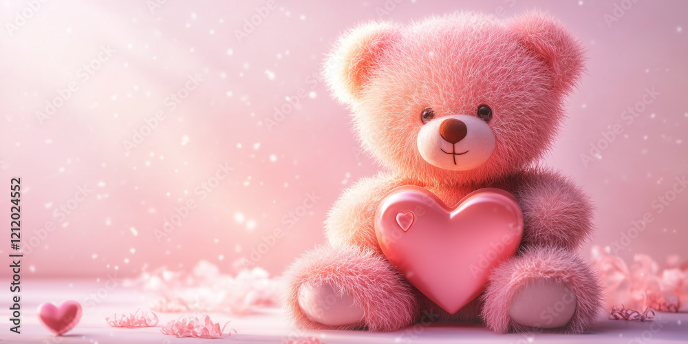 Fototapeta premium Pink Teddy Bear with Heart and Gift Box for Valentine’s Day