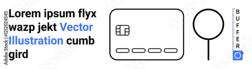 Black and white abstract design featuring a credit card, magnifying glass, and vertical buffer word. Ideal for finance, banking, search, investigation, analytics, exploration and web design themes
