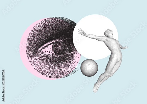The concept of leadership, freedom or development. Jumping man. 3D model of the human body. Eye of a researcher. Digital vision. Security and surveillance technologies. Vector for cover design. 