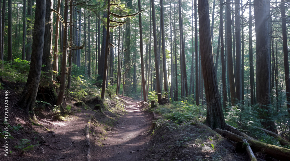 Obraz premium Serene Forest Pathway Illuminated by Sunlight in Dense Woodland