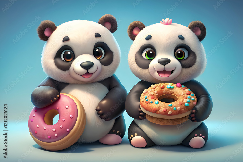 Naklejka premium Adorable Panda Bears with Donuts. A Delightful Cartoon Image