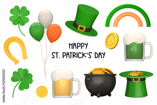 Set of elements for st patrick's day in 3d realistic style. Symbols of good luck - clover, golden coins, pot of money, quatrefoil, balloons. Vector illustration isolated on a white background