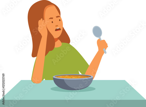 Young girl looking disgusted while having lunch and tasting the soup