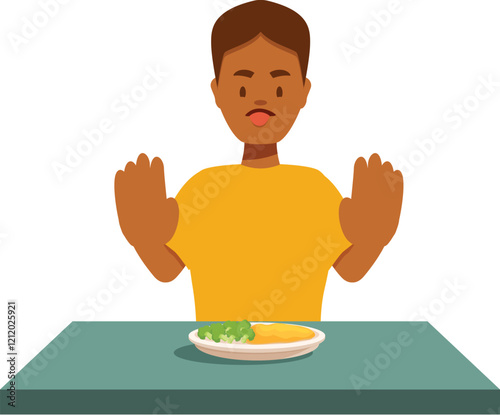 Picky eater boy refusing to eat healthy food, making stop gesture with his hands